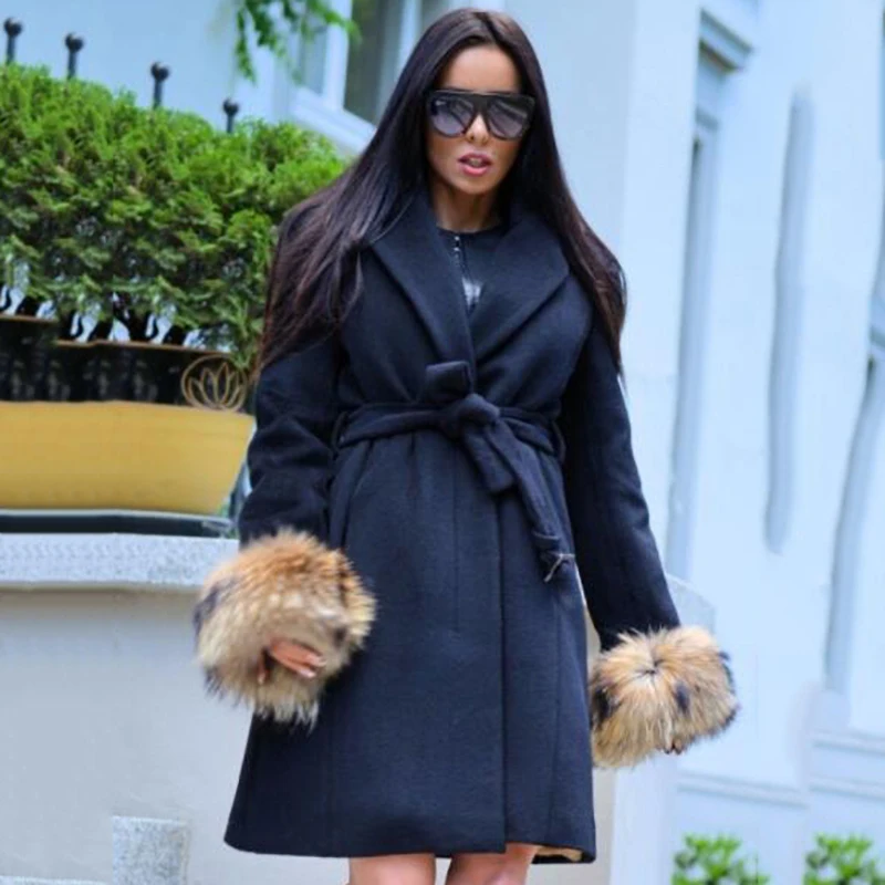 Navy Blue Long Cashmare Fur Coats With Big Raccoon Dog Fur Hood Thick Warm Winter Fashion Wool Blend Fur Overcoats Natural Woman