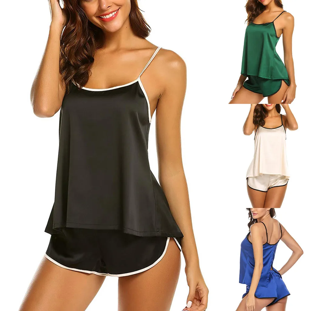 

2 Pieces Pajamas Women Solid Soft Sexy Nightwear Suit Lingerie Set Pleated Sleepwear Sets Strap Women Top+Loose Shorts S-2XL