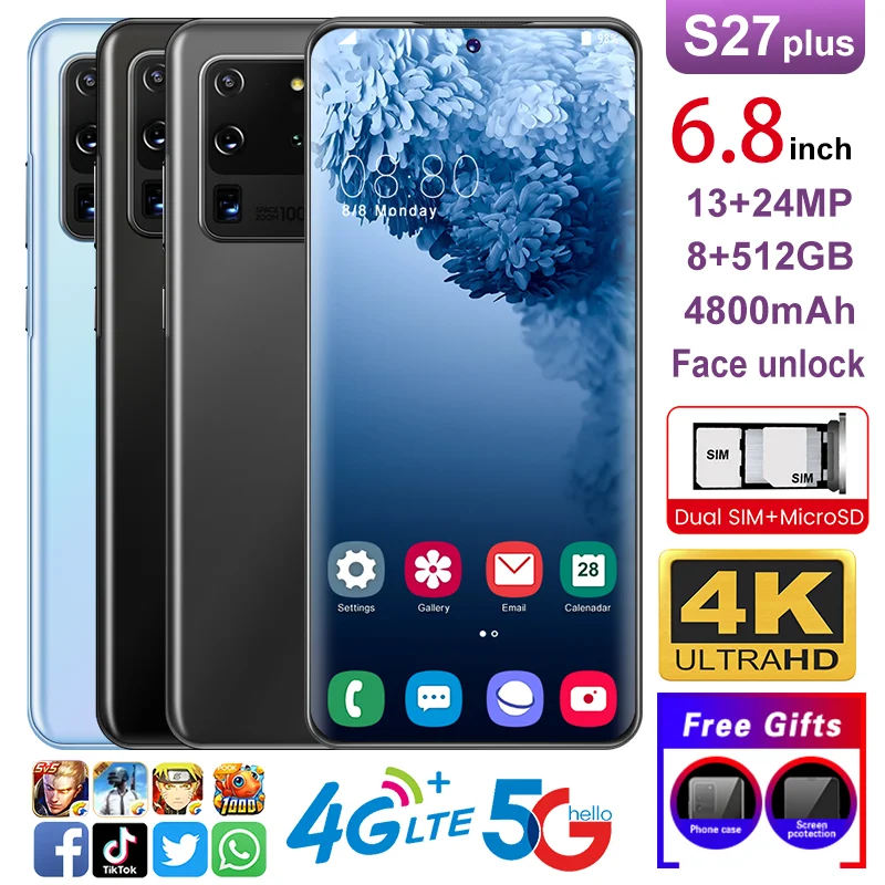 

Global Version S27 Plus Ultra Smart Face Recognition Fingerprint Unlocking Phone 6.8-inch HD Screen 5G Android 10.0 Phone