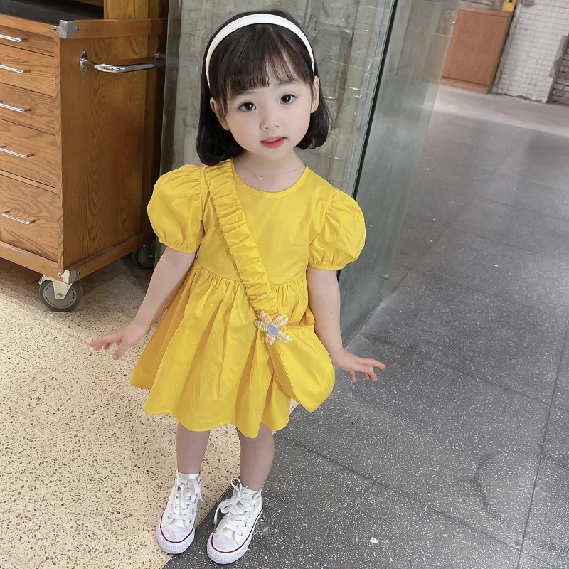 

Toddler Girls Solid Dress Summer Short Sleeve Toddler Girl Fashion Dress with Bag Free New Design Kids Girl Clothes Drop Ship