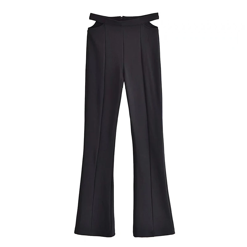 

Женские осенние повседневные однотонные облегающие расклешенные брюки, 2021 ажурные длинные брюки с высокой талией, женские модные уличные б...