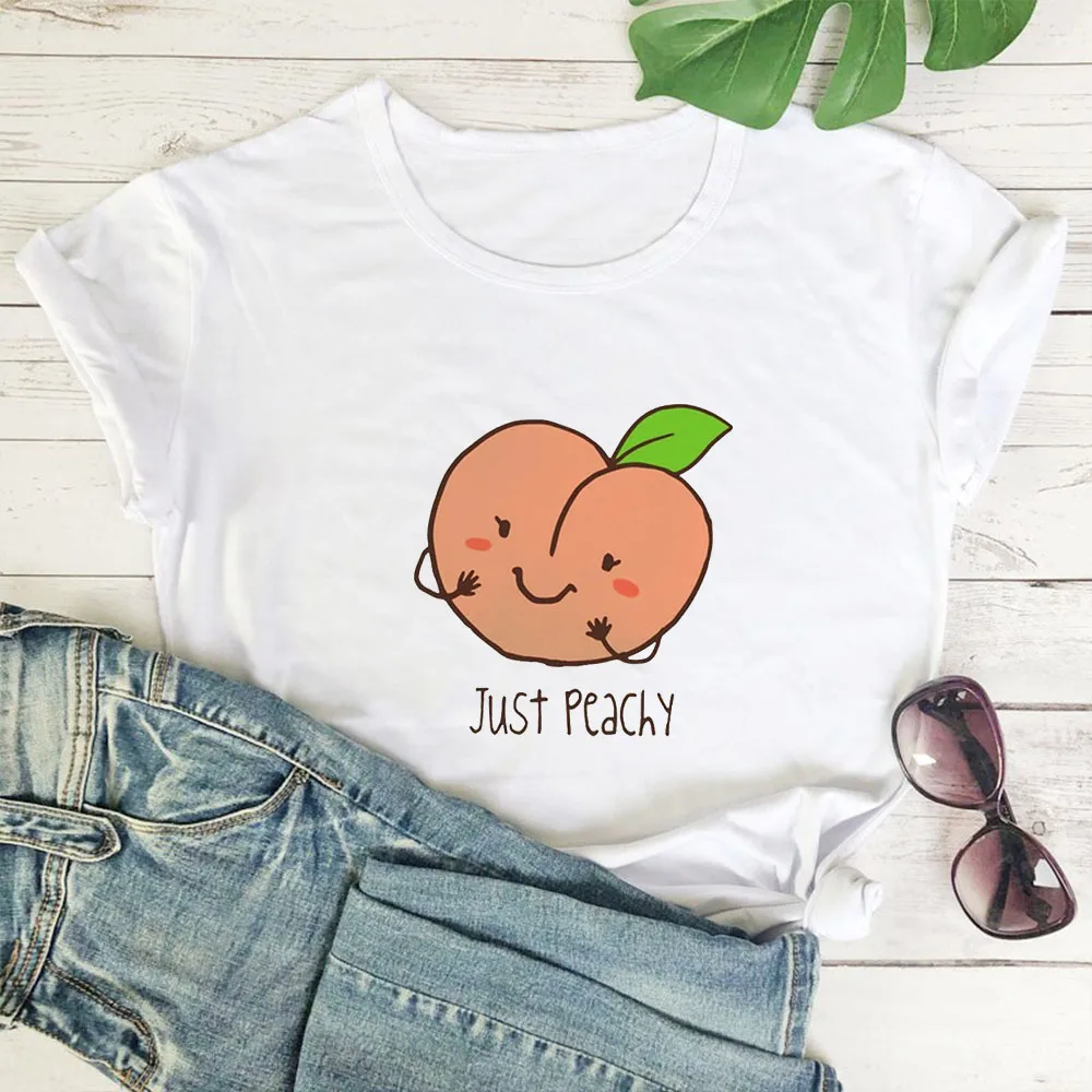 JUST PEACHY Letter Print T-shirt Woman Peach Fruit Graphic Tees Women Simple and Versatile T Shirt Women Pink Leisure Tops