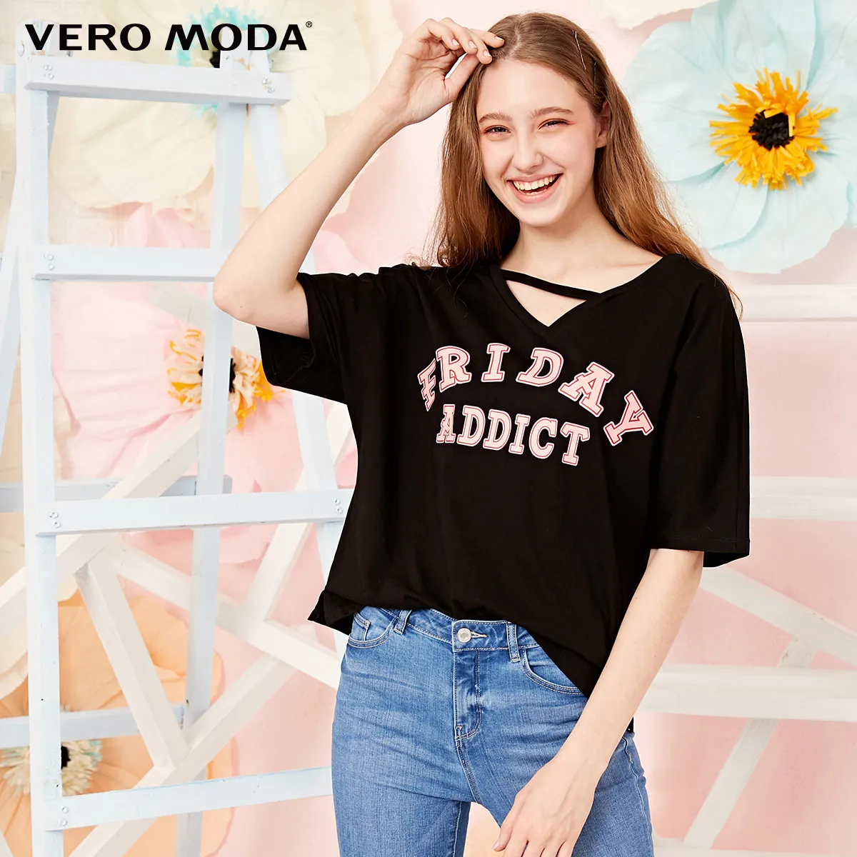 Black Женская футболка с v-образным вырезом и буквенным принтом Vero Moda | 3191T1505 - Цвет: Black