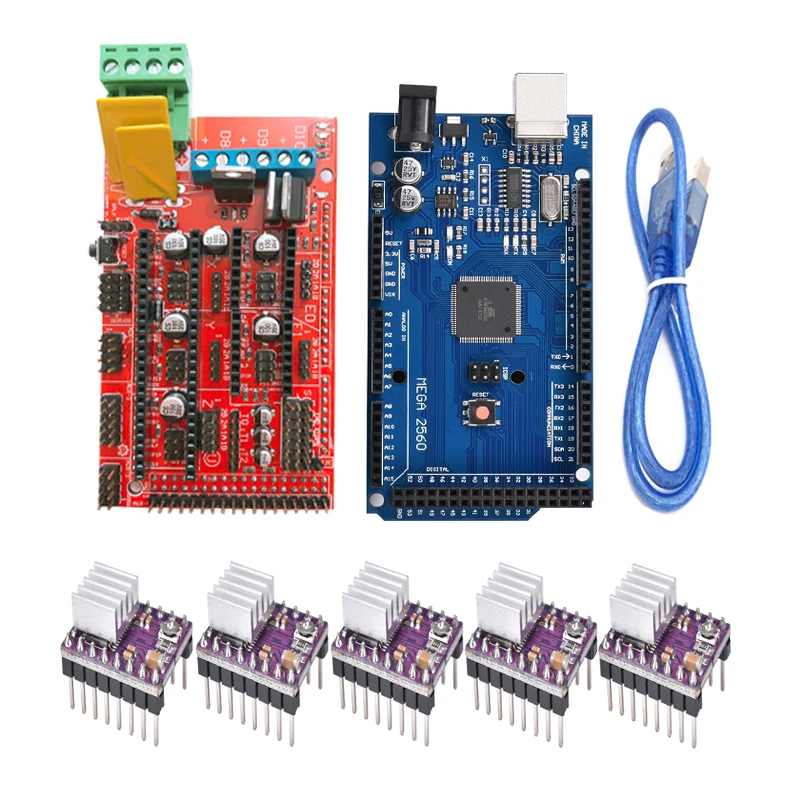 RAMPS 1,4 комплект 1 шт. Mega 2560 R3+ 1 шт. RAMPS 1,4 панель управления+ 5 шт. DRV8825 шаговый двигатель привод Перевозчик Reprap для 3D принтера комплект