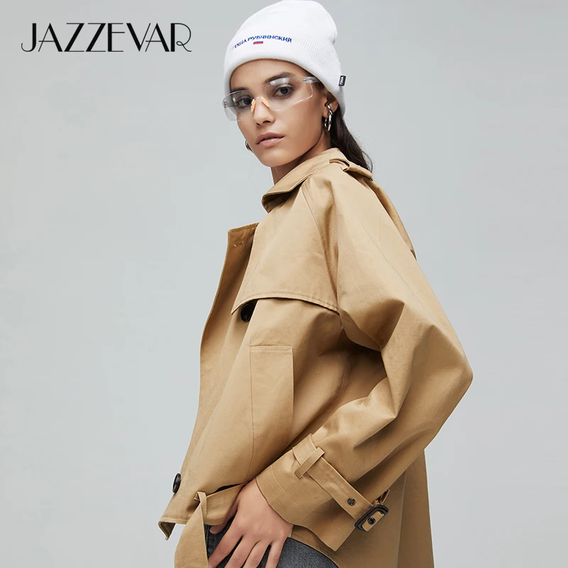 JAZZEVAR Новое поступление осенний тренч женская модная повседневная хлопковая двубортная куртка короткая свободная верхняя одежда женский плащ на осень-весну 9018-1