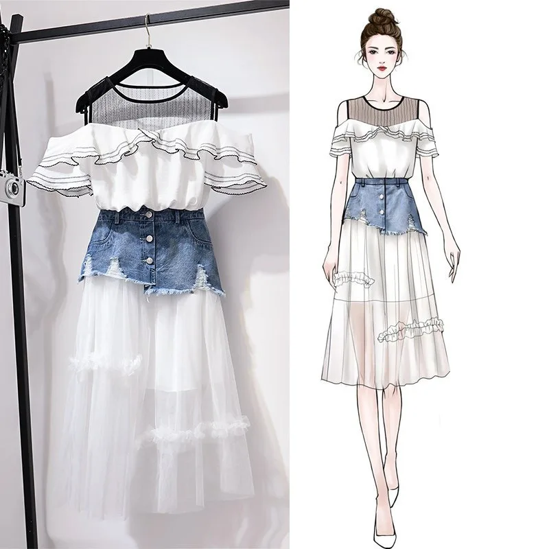 ICHOIX/женский комплект 2 шт., S-XL, элегантная сетчатая юбка, комплект с открытыми плечами, топы, комплект из 2 предметов, корейский стиль, летний комплект, праздничная одежда