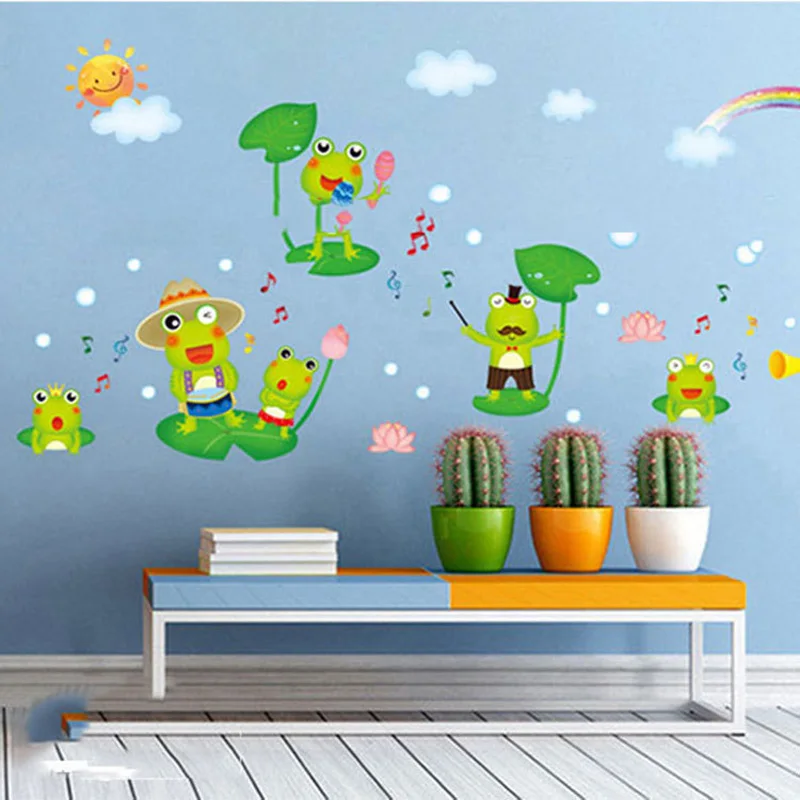Cartoon Happy Frog Wall Sticker For Kids Room Children's Bedroom Home Decoration Mural Animals Nursery Decor Stickers Wallpaper