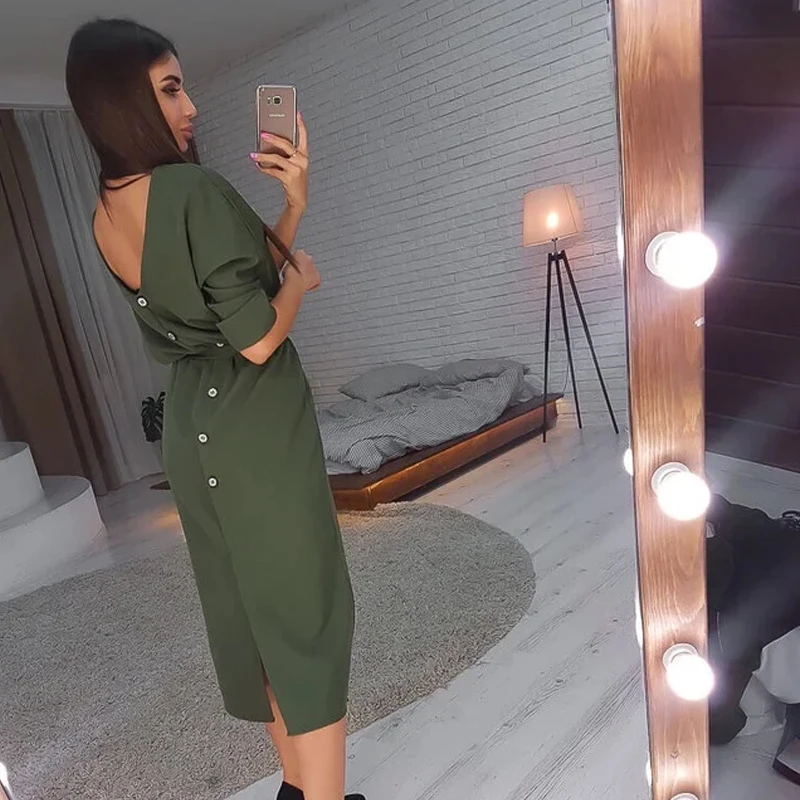 

Women Vintage Sashes Back Button Sheath Slim Dress Half Sleeve Sexy V neck Solid Elegant Casual Dress 2020 Autumn Fashion Dress