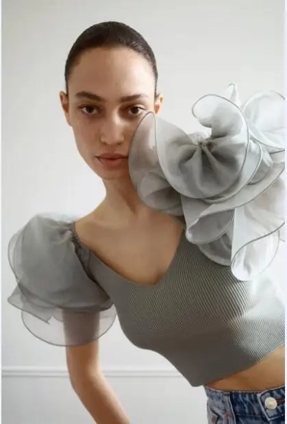 

2021 summer new fashion organza stitching bubble short-sleeved women's t-shirt top
