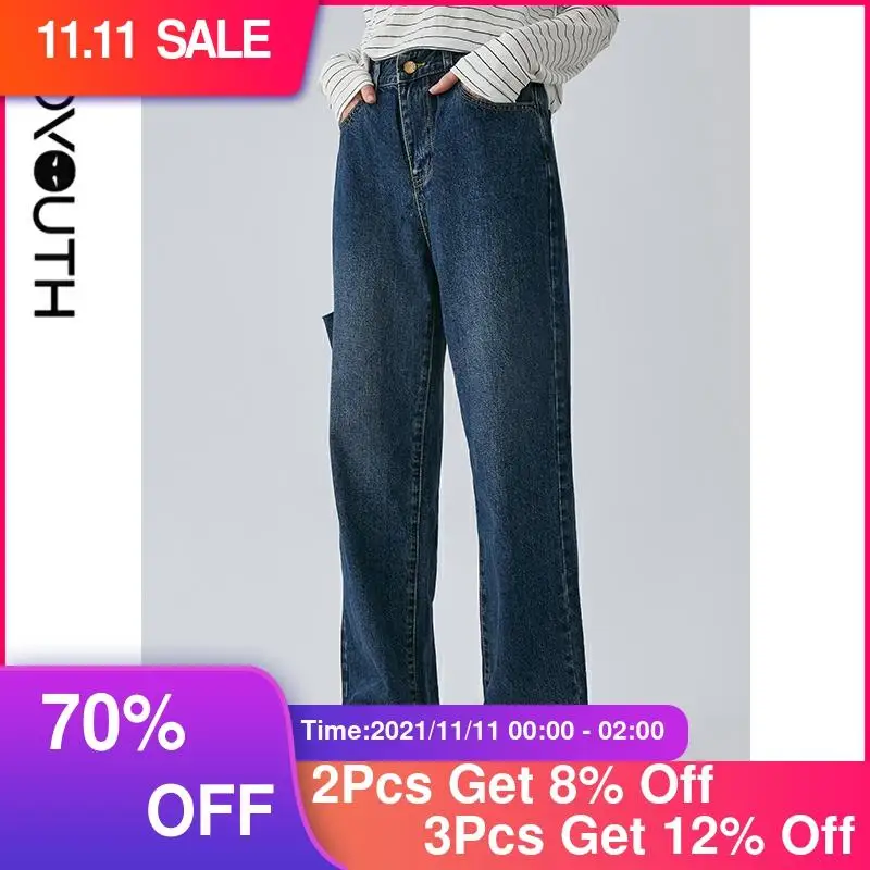 

Toyouth Women Jeans Autumn Straight Leg Loose Leisure High Waist Vintage Denim Pants