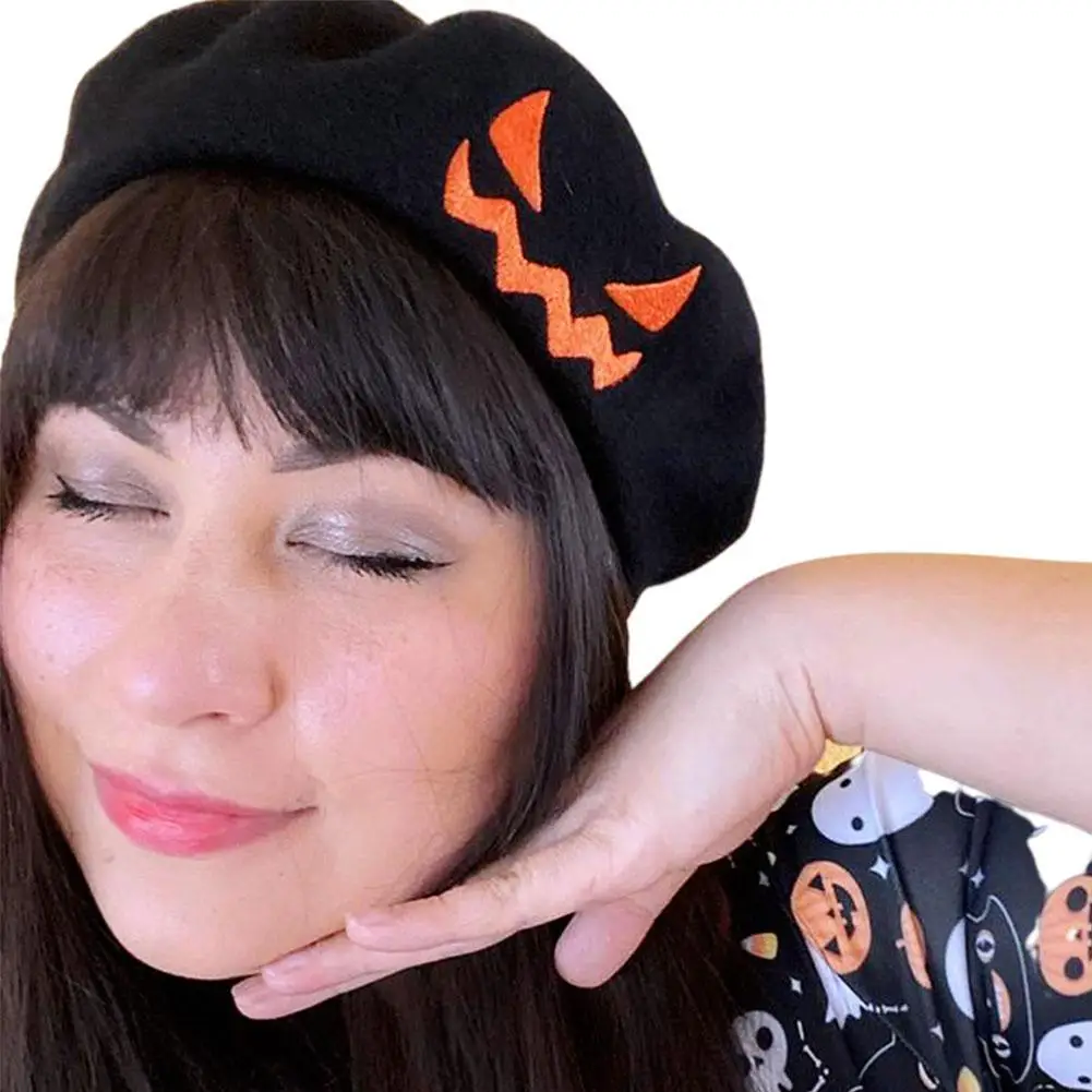 

Хэллоуин Тыква гримаса вышивка берет Хэллоуин зимняя теплая шерстяная зимняя шапка шапки для женщин художественные кепки подарок