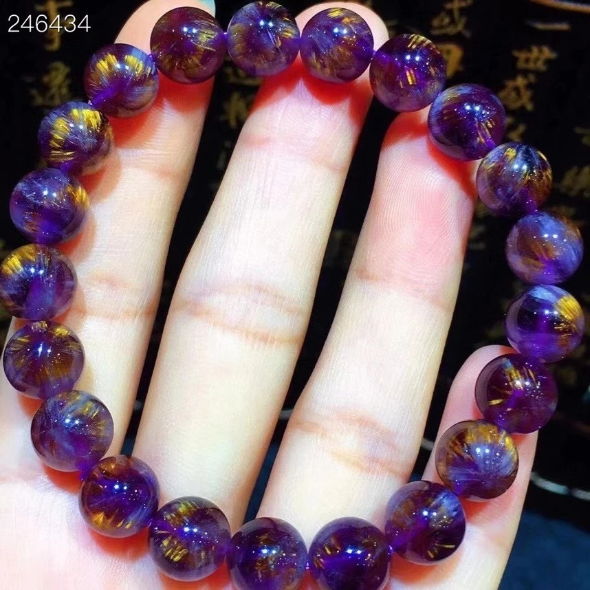 

Natutal Purple Cacoxenite Gold Rutilated Quartz Bracelet 9.2mm Women Cat Eye Crystal Clear Round Beads Genuine AAAAAA