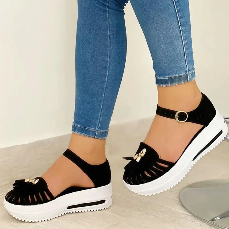 

Large Size Round Toe Beige Heeled Sandals Slip-on Loafers Summer Women's Shoes Lady 2021 Tassel Clogs Wedge Big Black Elastic B
