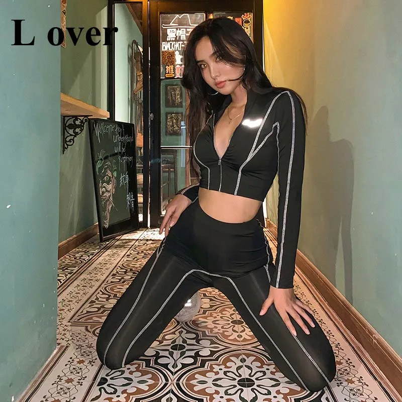 Женский спортивный костюм из двух предметов топ на молнии с длинным рукавом и