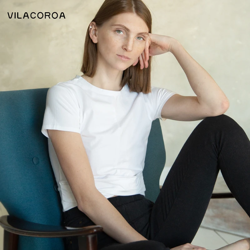 

White Round Collar Short Sleeve Women's T-Shirts Streetwear Fold Splice High Waist Tee Tops Casual Solid Cotton Female Crop Tops