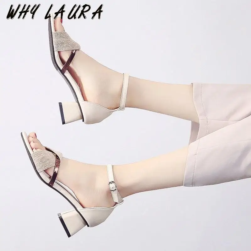 

2021 New chunky heel sandals women's summer fish mouth women's shoes open toe high heels women's black mother shoes women's fash