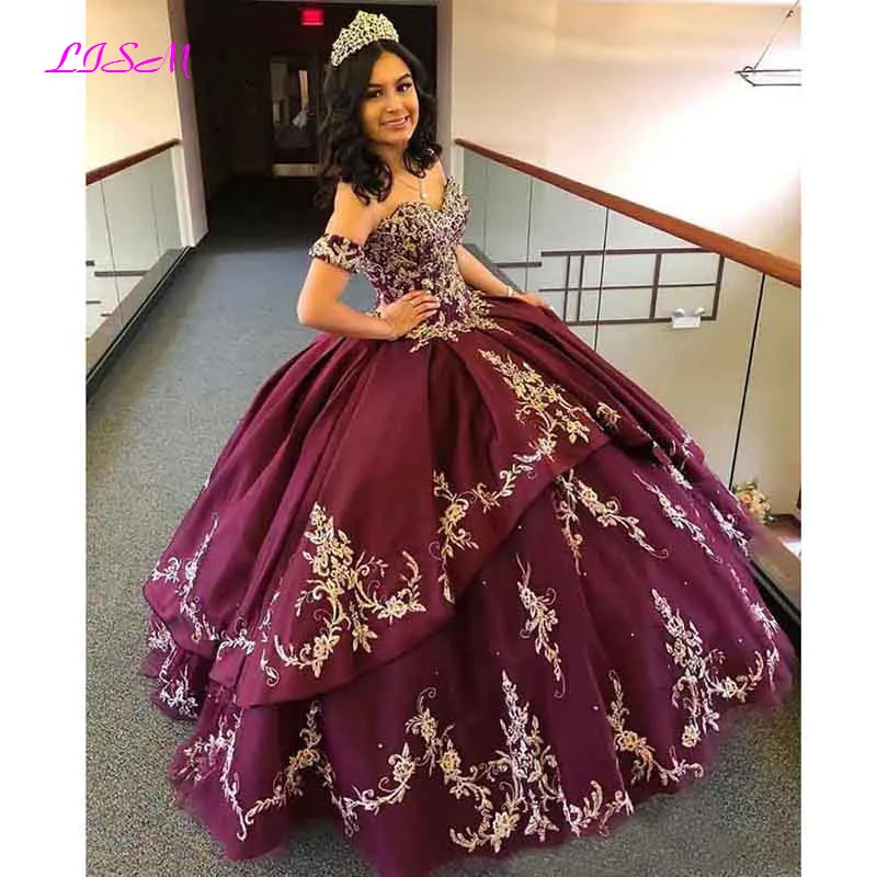 Милое платье Quinceanera с золотыми аппликациями многоярусная юбка бусинами милое для