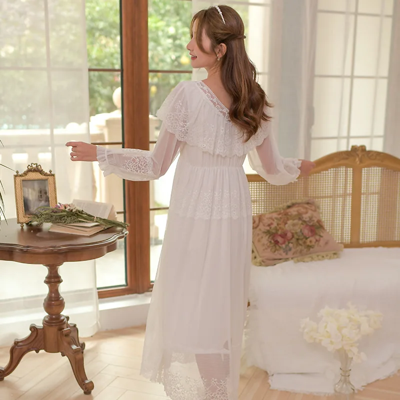 2021 Spring and Autumn Palace Style Nightdres Women's Long Sleeve Sweet White Modal Nightdress Retro French Home Wear Sleep Tops