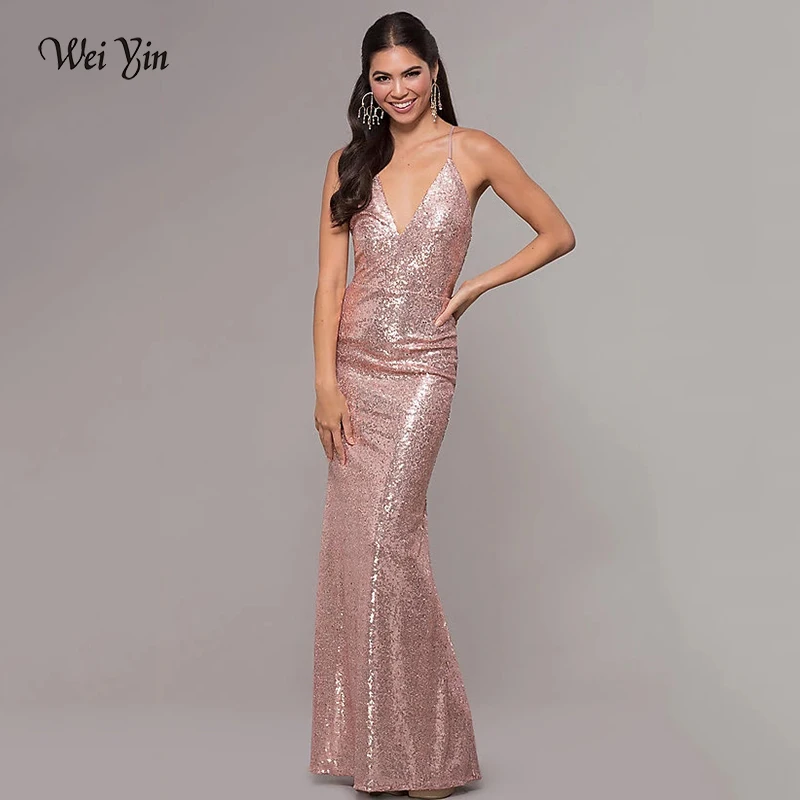 

WeiYin AE0527 размера плюс, сексуальные платья для выпускного вечера с глубоким v-образным вырезом, блестками, на тонких бретельках, с рюшами, вече...