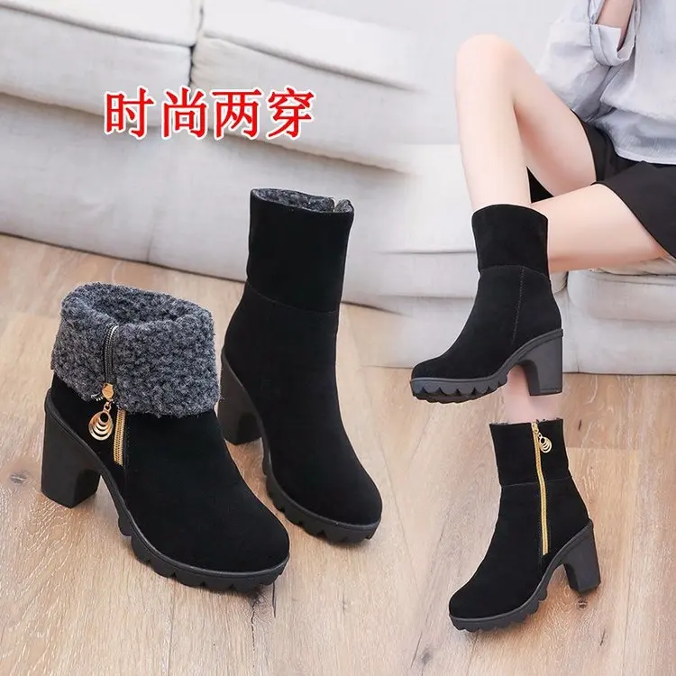 

New Style Cotton Boots Short Tube Thick Heel High Heel Two-wear Women's Boots Foreign Trade Models All-match Female Short Boots