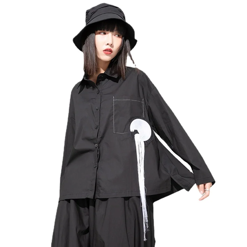 

Women Black Embroidery Tassels Shirt Women's Oversize New Lapel Long Sleeve Loose Fit Fashion Woman Blouses 2021 Spring Autumn