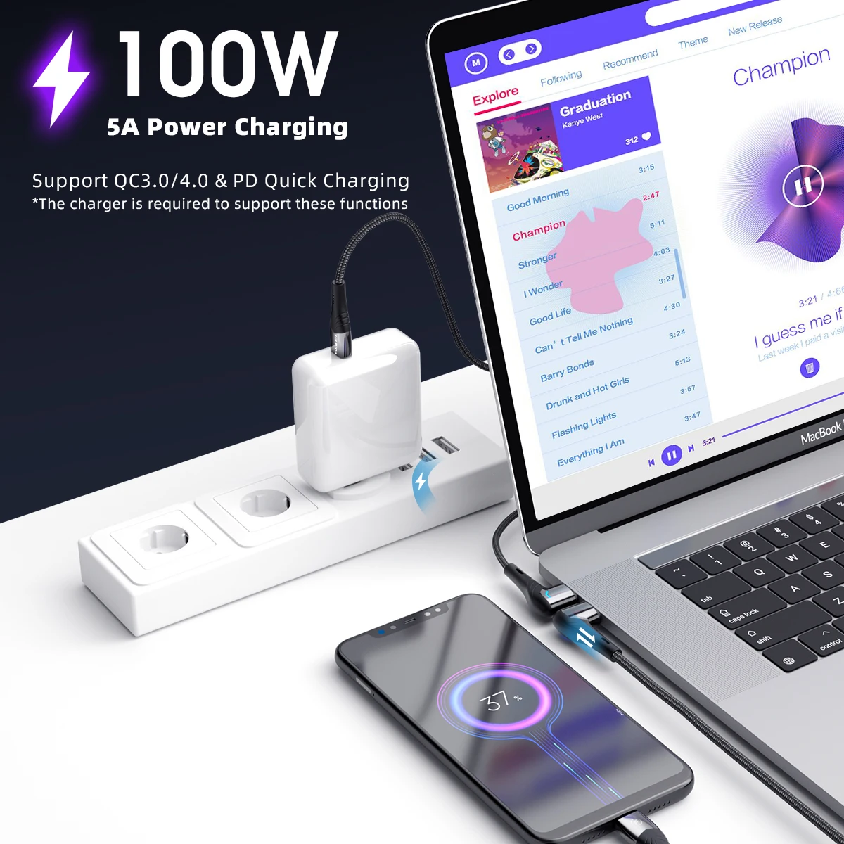 FONKEN USB C Magnetic Cable 100W 5A Fast Charging Phone Cable Type C to C 90 Degree Magnet Charger for Ipad Pro11 Samsung Tablet