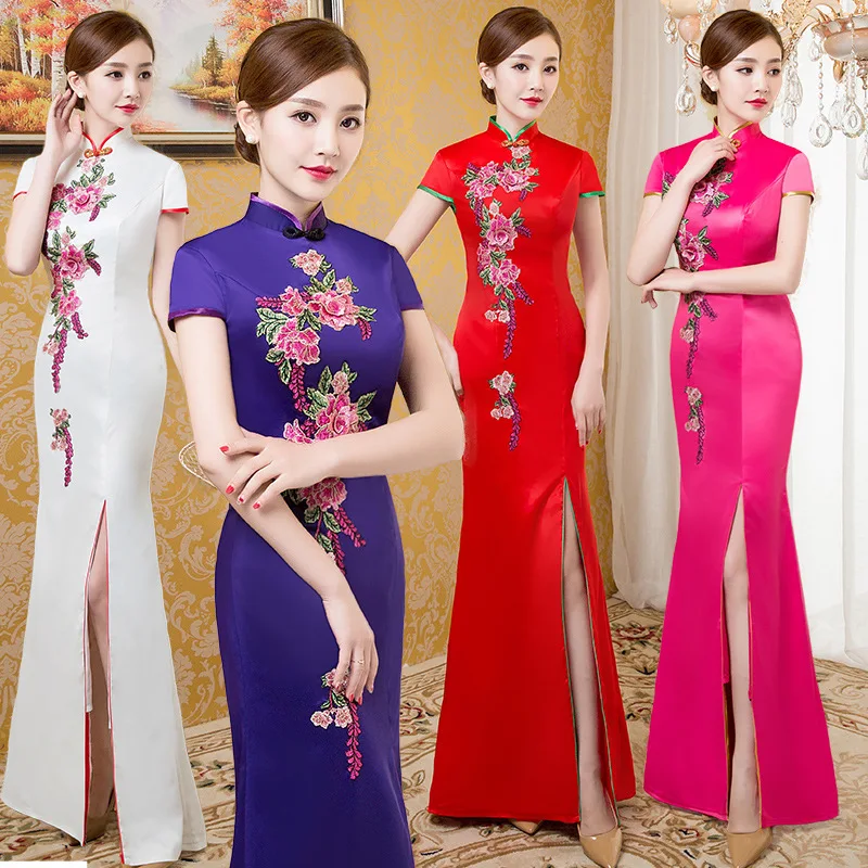 

Mermaid Wedding Dress Elegant Traditional Evening Gown Cheongsam Dress Sexy Long Qipao Embroidery Bridesmaid Dresses