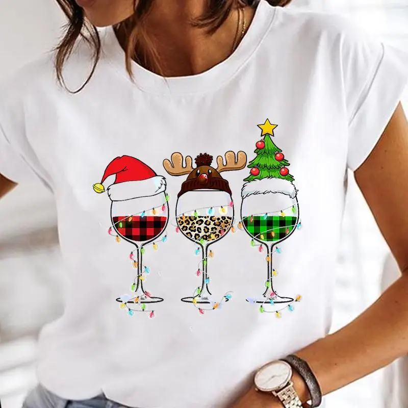 

Женская Праздничная Рождественская футболка, женская одежда, топы, футболки в клетку, милый тренд, новогодняя футболка с графическим принто...