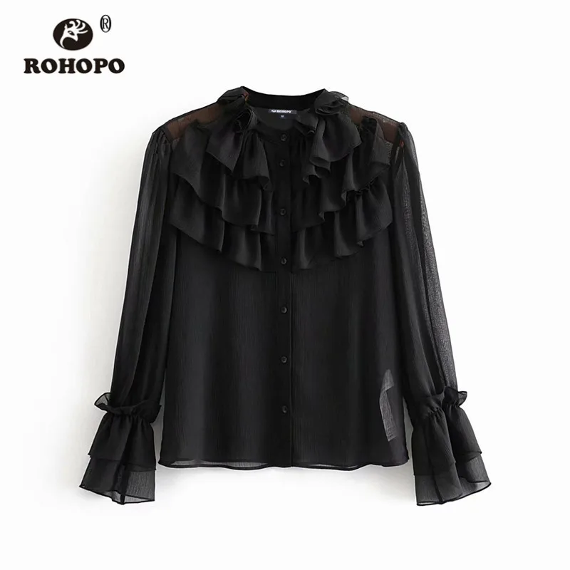ROHOPO морщин Ткань каскадные оборки воротник черная блузка браслет на ухо с