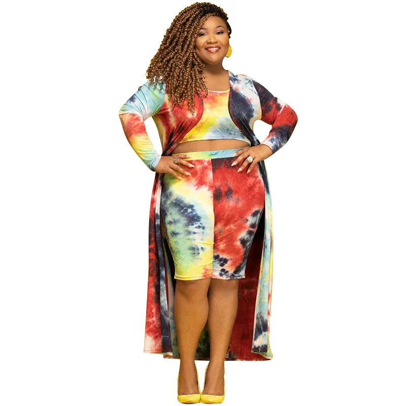 

Plus Size Women Three-Piece Set Tie-dye Printing Summer High Elastic Waist Biker Shorts + O-neck Vest Ankle-Length Coats Outfits