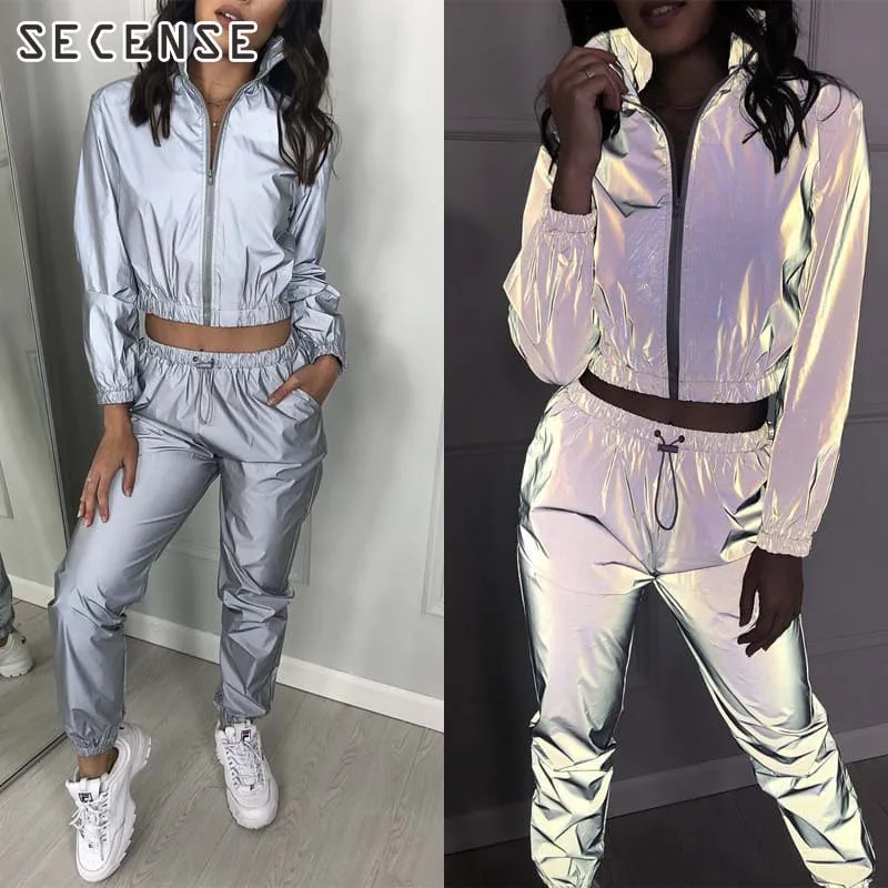 

Спортивный костюм из 2 предметов, светоотражающий укороченный топ и брюки в стиле хип-хоп, ветровка на молнии, куртка, костюм для бега, больши...