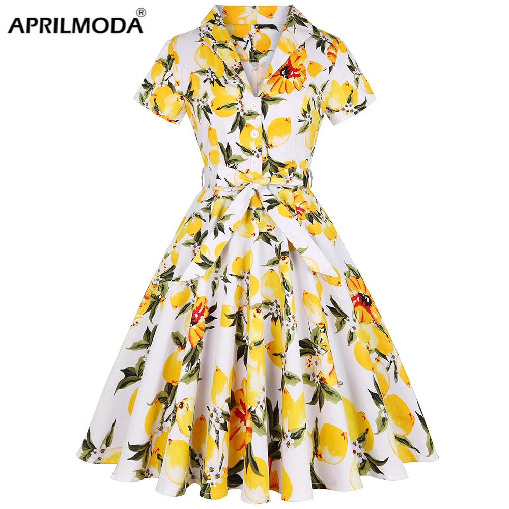 

60s Retro Vintage Women Summer Tunic Dress Yellow Lemon Leaf Print Short Sleeve Cotton Pinup Plus Size 4XL Rockabilly Dresses