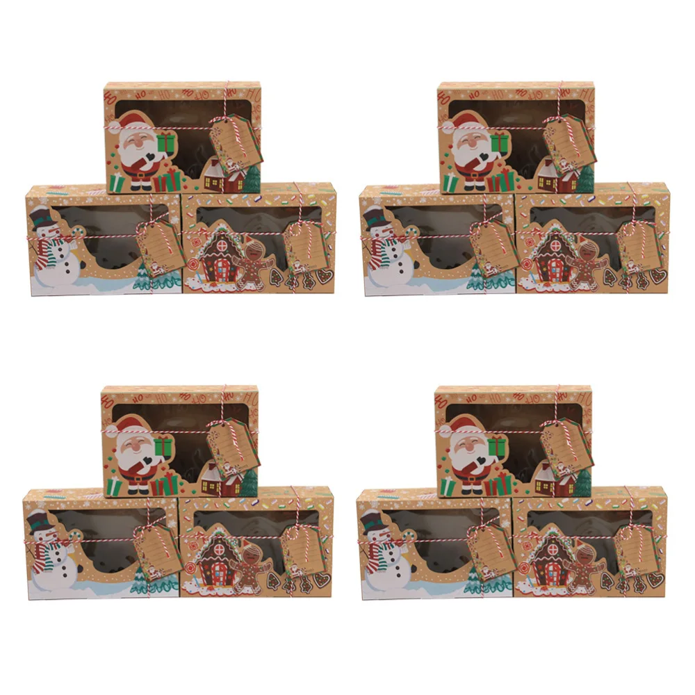 

12pcs Christmas Treat Case Kraft Paper Cookie Candy Box Gift Box with Tags Rope