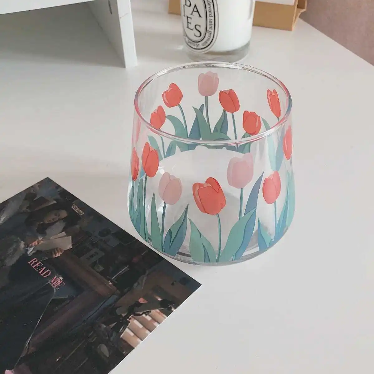 

Hand Painted Tulip Flower Glass Milk Cup Coffee Cup Water Cup Juice Cup Water Bottle Cute Water Bottle