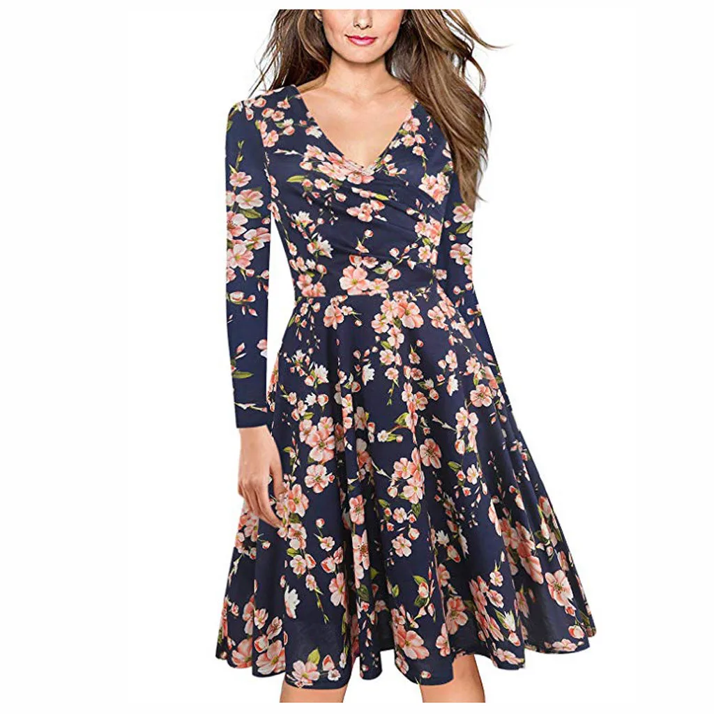 С цветочной печатью платье для женщин Повседневное свободное с v-образным