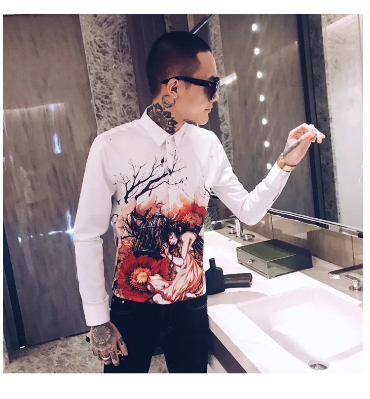 Роскошный смокинг для ночного клуба, модное платье, Camisa Hombre, Повседневная приталенная рубашка, Мужская Уличная рубашка с цветочным принтом, мужская рубашка, Camisas Hombre