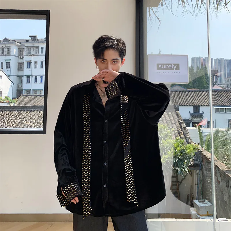 Мужская рубашка с длинными рукавами Повседневная Свободная бархатная блестками
