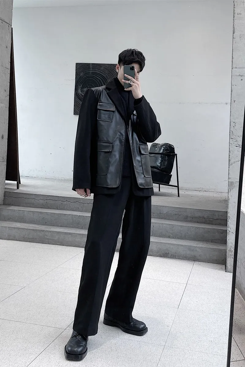 

Fake Two Pieces Faux Leather Suit Jacket Autumn Winter Patchwork Blazer Coats Men Solid Color Lapel Blazers Men's Suit Jackets