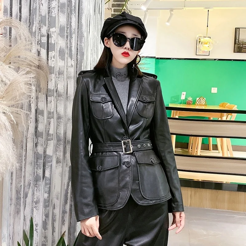 

Женский кожаный офисный костюм из натуральной кожи, Элегантная куртка, тонкая посадка, однобортная верхняя одежда с полосками, Женская курт...