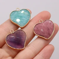 natural semi precious stone pendant gilded edge heart amethyst amazonite 22x32mm for jewelry making necklaces gift