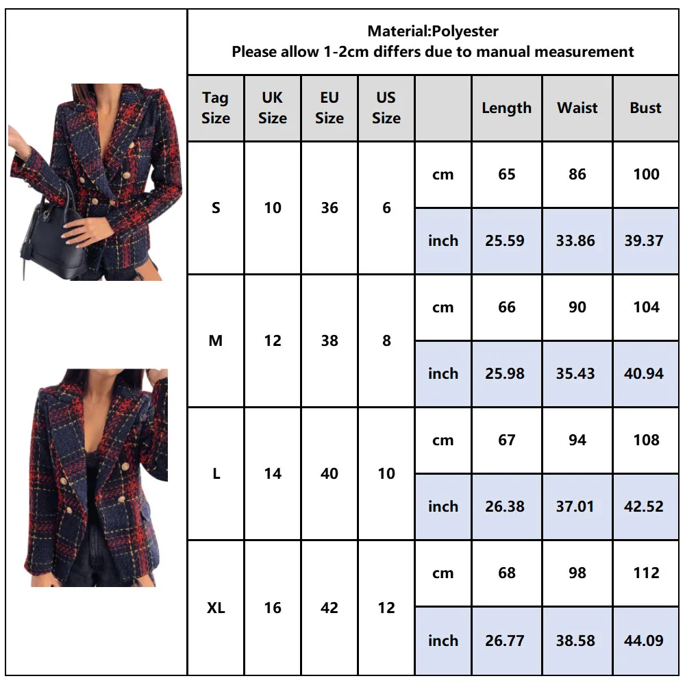 

2021 Winter Elegant Ladies Double Breasted Slim Office Ladies Jacket Female Fashion Outdoor Casual Jackets Plaid Coat Women