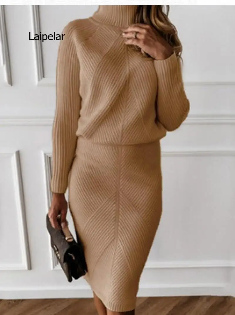 

Осенний Женский вязаный костюм, однотонный пуловер с высоким воротником + облегающая юбка, комплект из двух предметов