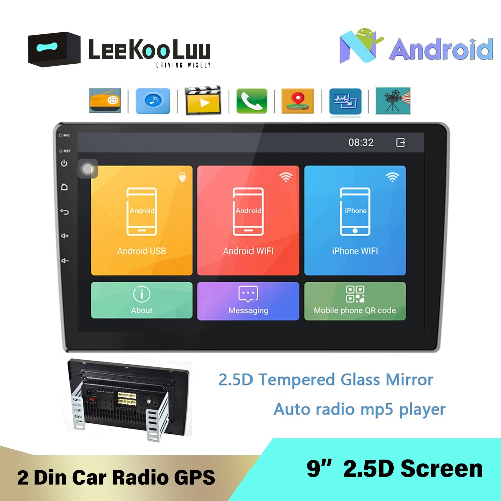 Автомагнитола LeeKooLuu Android 6 0 2 Din GPS стерео 9 дюймов HD 1080P 2.5D закаленное стекло зеркало
