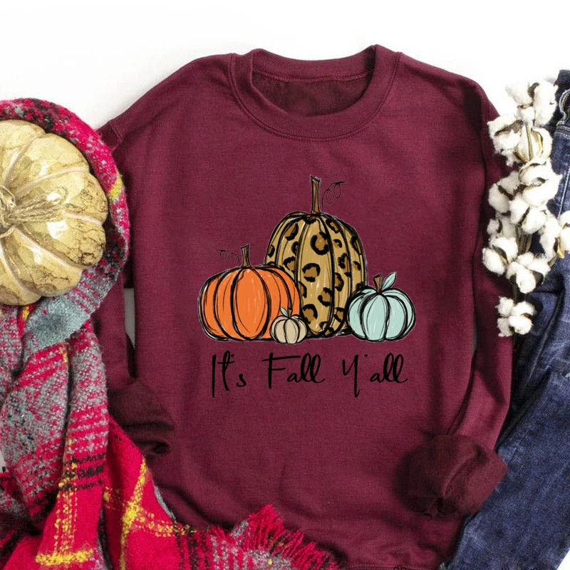 

Colored It's Fall Y'all Pumpkins Print Sweatshirt Cute Thanksgiving Holiday Sweatshirt Autumn Women Long Sleeve Graphic Pullover