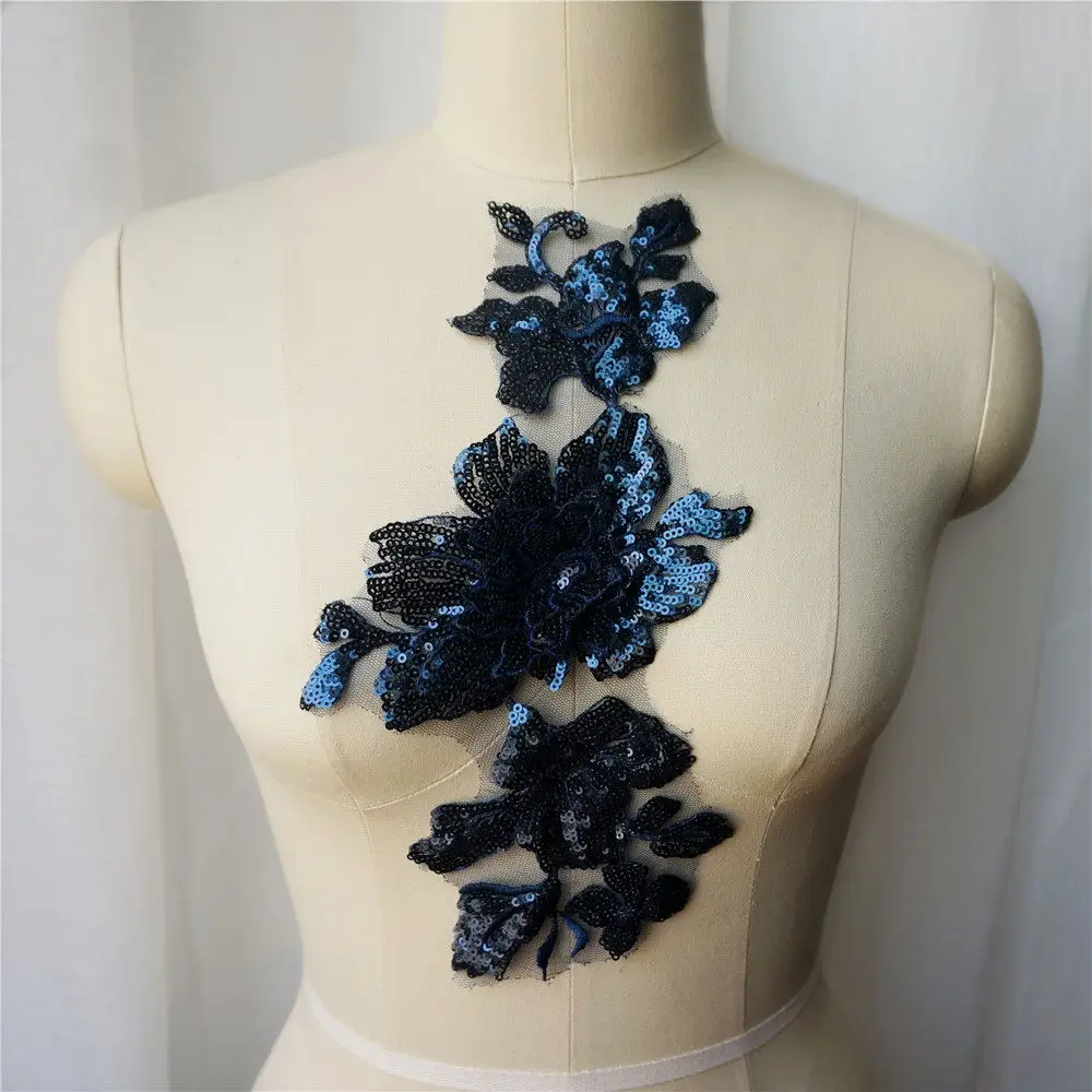 Темно-синие золотые блестки цветок кружевная ткань воротник вышитые платья