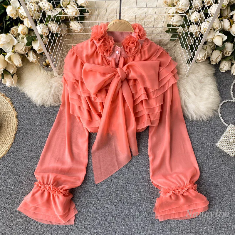 

Women Shirt Blouse Retro Heavy Industry Three-Dimensional Flower Top Women's Stand Neck Flare Sleeve Scarf Ruffled Chic Top