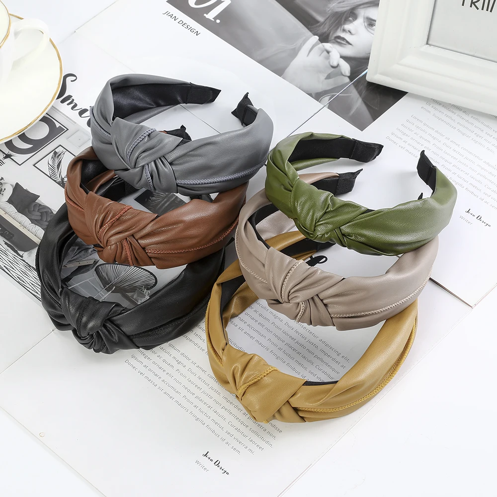 Женский ободок из натуральной кожи однотонный с узелком аксессуар для волос в