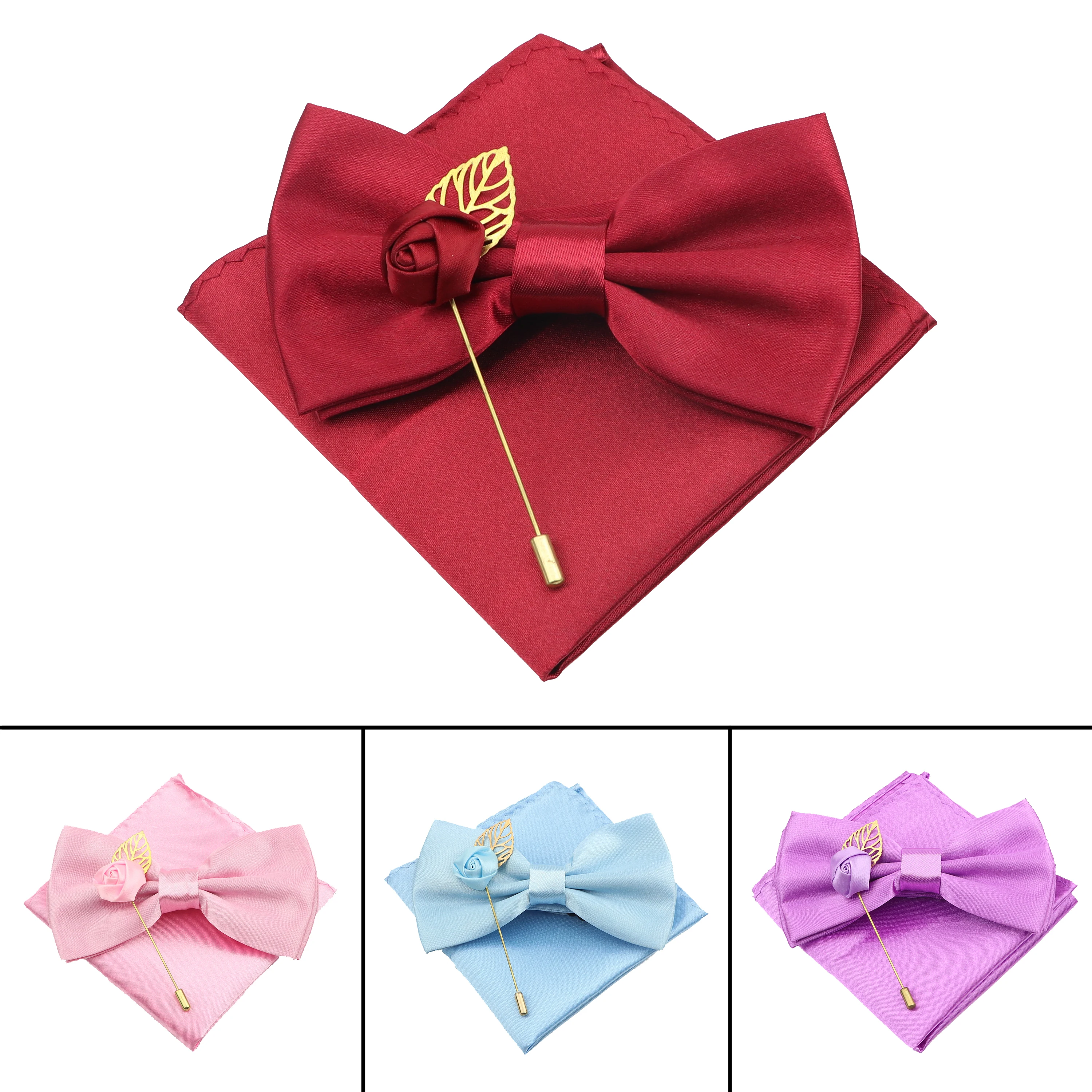 New Solid Color Men's Bowtie Handkerchief Brooch Set For Groom Best Man Purple Red Black Blue Wedding Party Ties Pocket Square