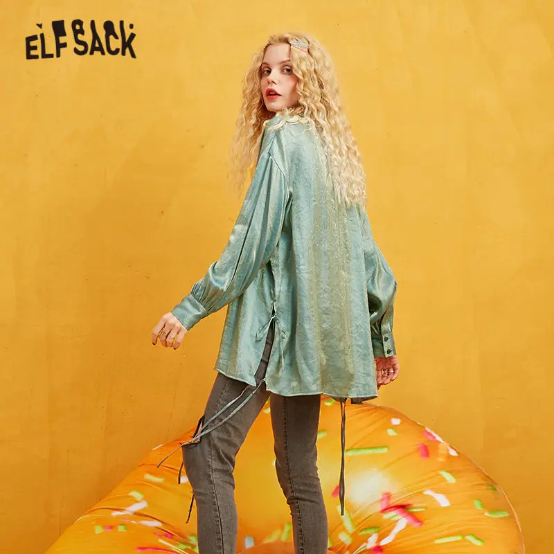 ELFSACK, зеленые, одноцветные, на шнуровке, пуговицы в один ряд, женские рубашки, осень, красные, с длинным рукавом, повседневные женские блузки