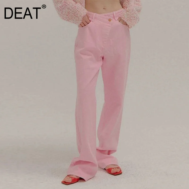 Женские Длинные винтажные джинсы DEAT ярко-розовые потертые полной длины с